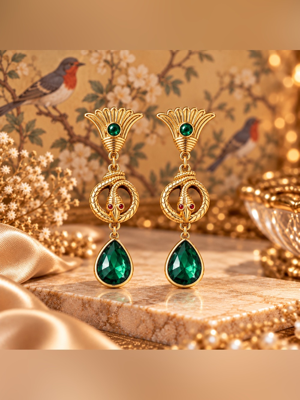 Emerald Green Gold Drop Earrings | Statement Vintage Style Fifi’s Closet